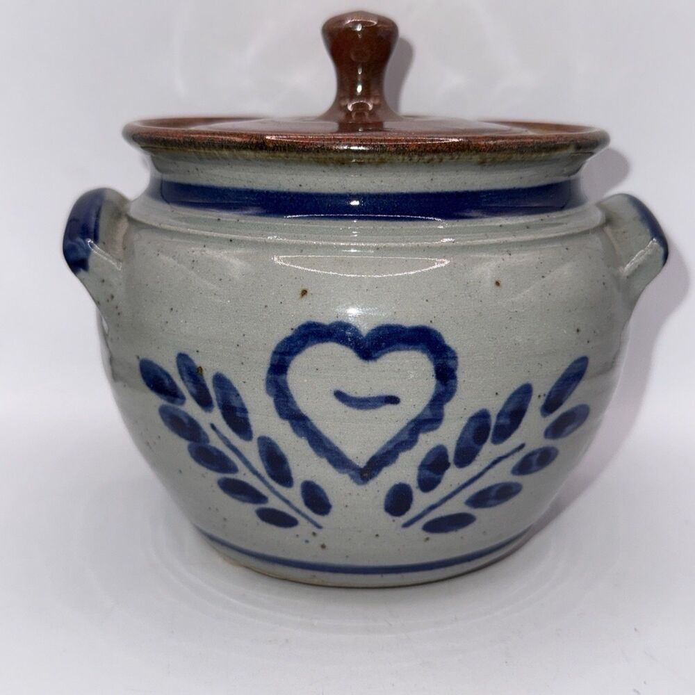 Art Pottery Stoneware Heart Motif Bean Pot Crock Signed Harvey 8/95 (1999)